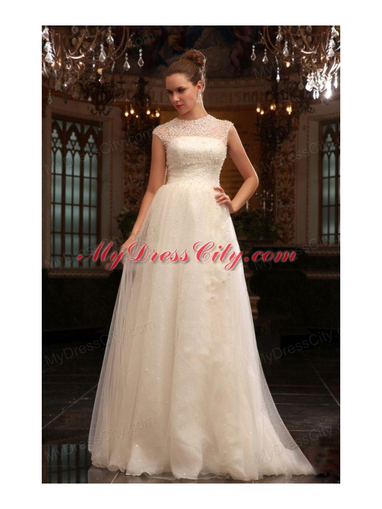 Column Halter Beading Brush Train Organza Wedding Dress