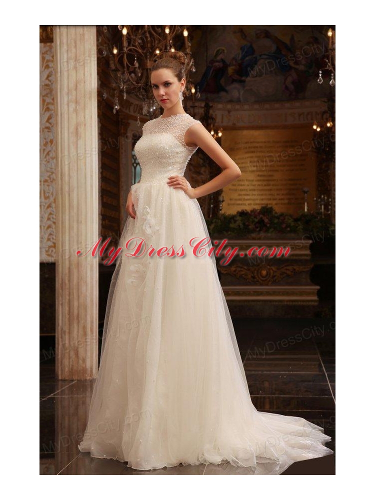 Column Halter Beading Brush Train Organza Wedding Dress