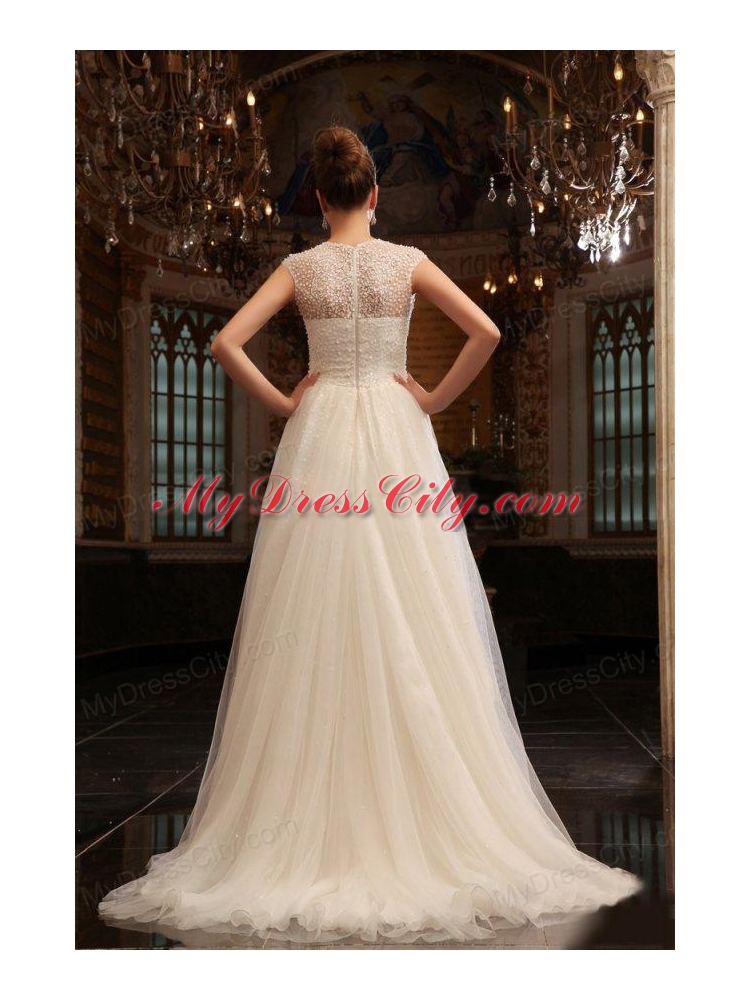 Column Halter Beading Brush Train Organza Wedding Dress