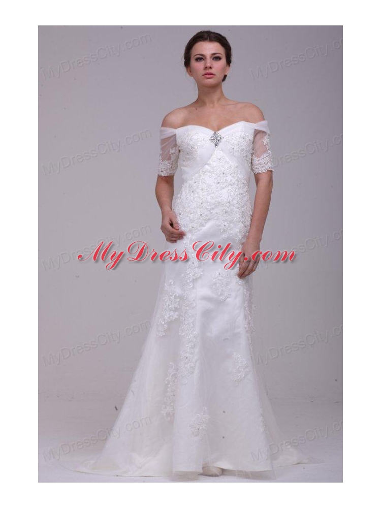 Column Off The Shoulder Brush Train Taffeta Wedding Dress