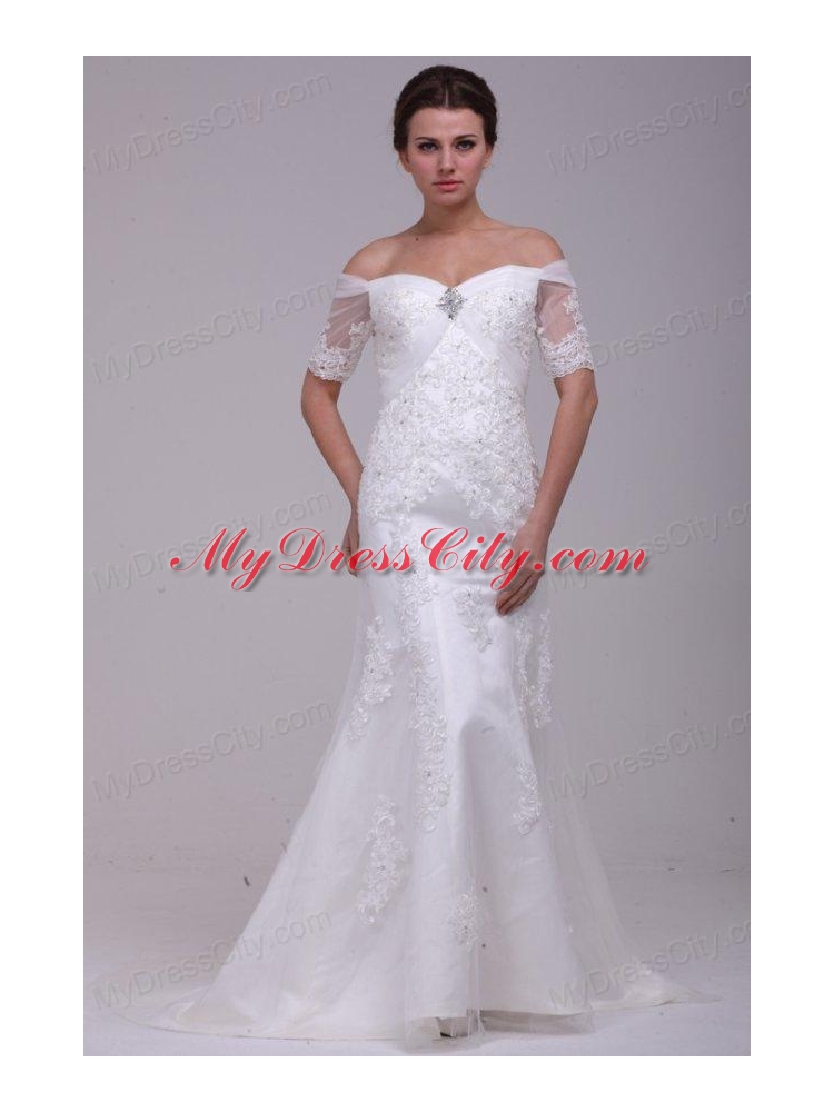 Column Off The Shoulder Brush Train Taffeta Wedding Dress