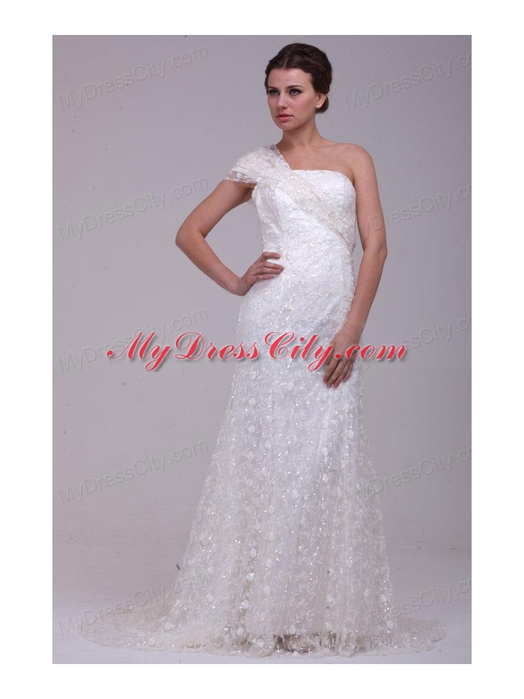 Column One Shoulder Lace Floor-length Paillette Wedding Dress with Side Zipper