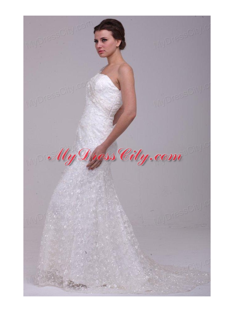 Column One Shoulder Lace Floor-length Paillette Wedding Dress with Side Zipper