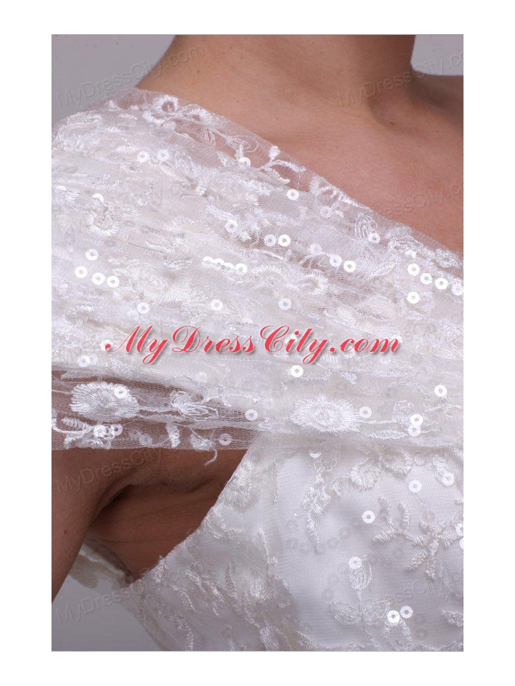 Column One Shoulder Lace Floor-length Paillette Wedding Dress with Side Zipper