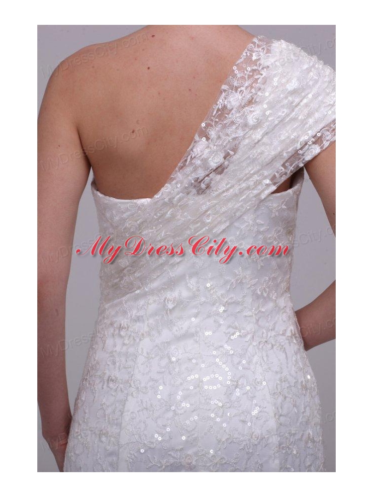 Column One Shoulder Lace Floor-length Paillette Wedding Dress with Side Zipper