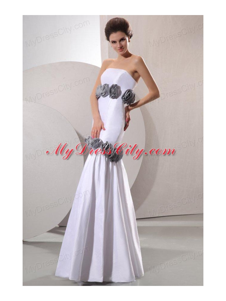 Column Strapless Floor-length Wedding Dress with Gray Hand Made Flowers