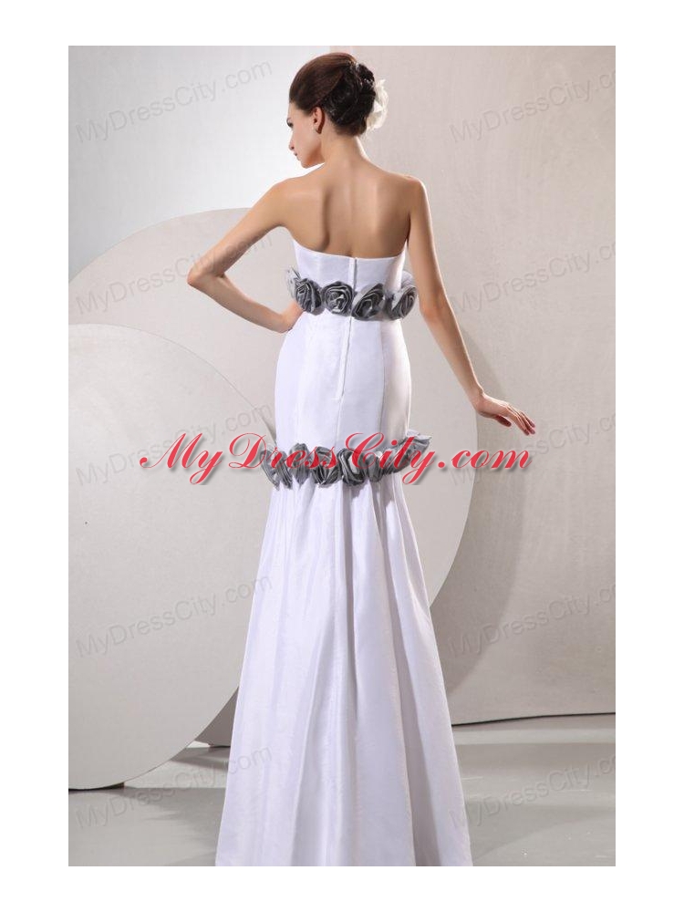 Column Strapless Floor-length Wedding Dress with Gray Hand Made Flowers