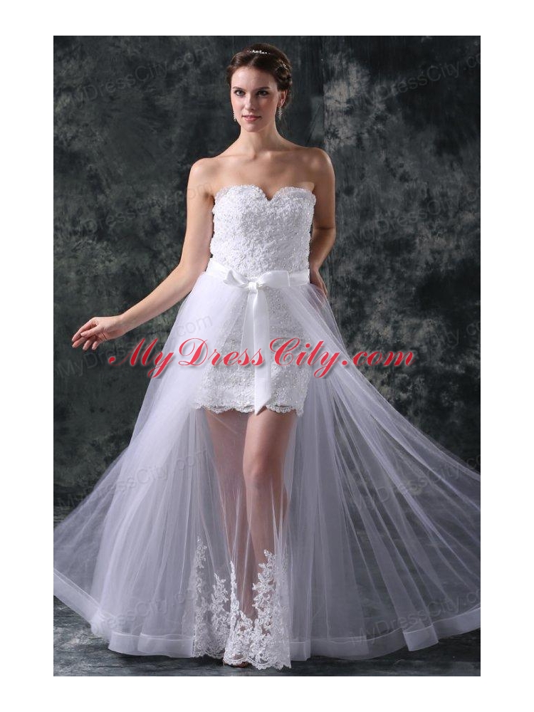 Column Sweetheart Appliques Tulle Detachable Skirt Wedding Dress