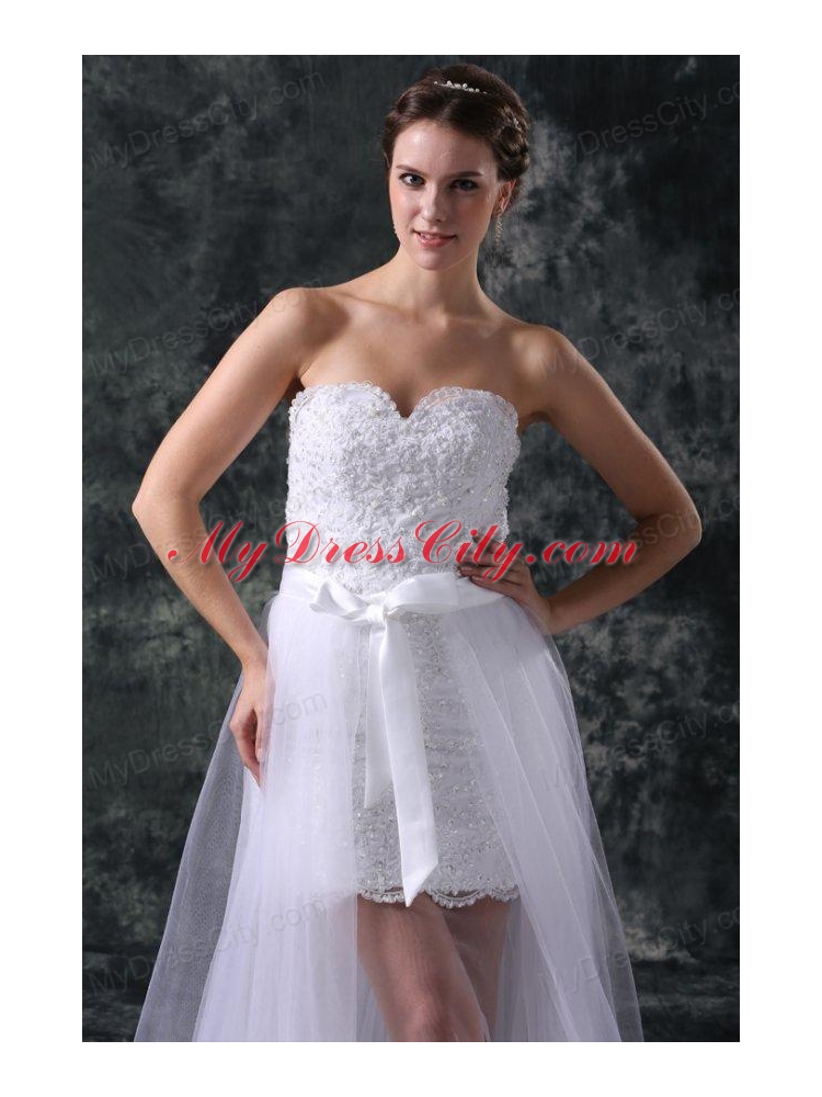 Column Sweetheart Appliques Tulle Detachable Skirt Wedding Dress