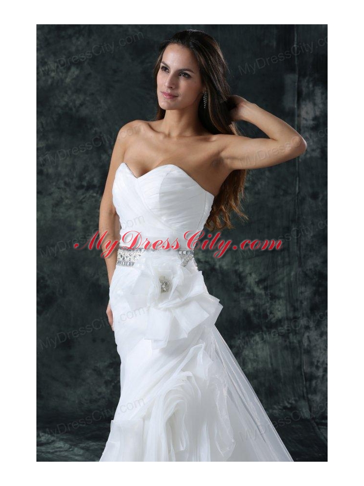 Column Sweetheart Beading Organza Wedding Dress with Court Train