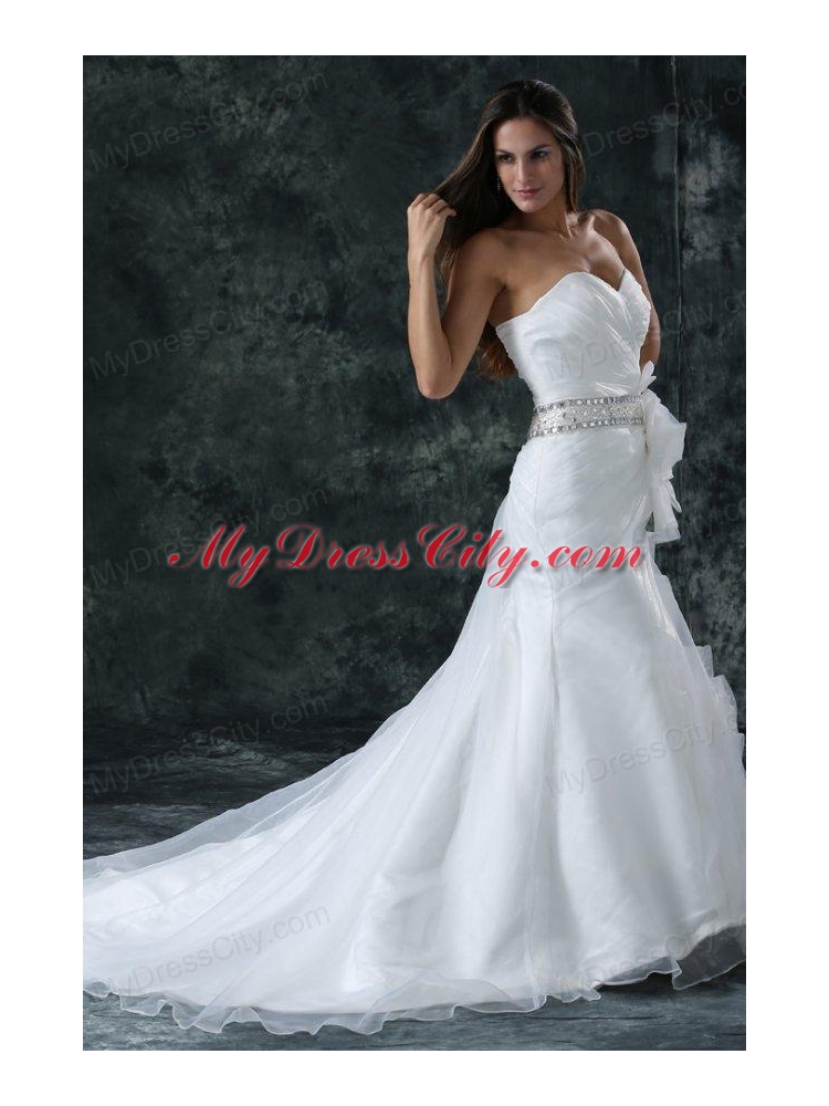 Column Sweetheart Beading Organza Wedding Dress with Court Train