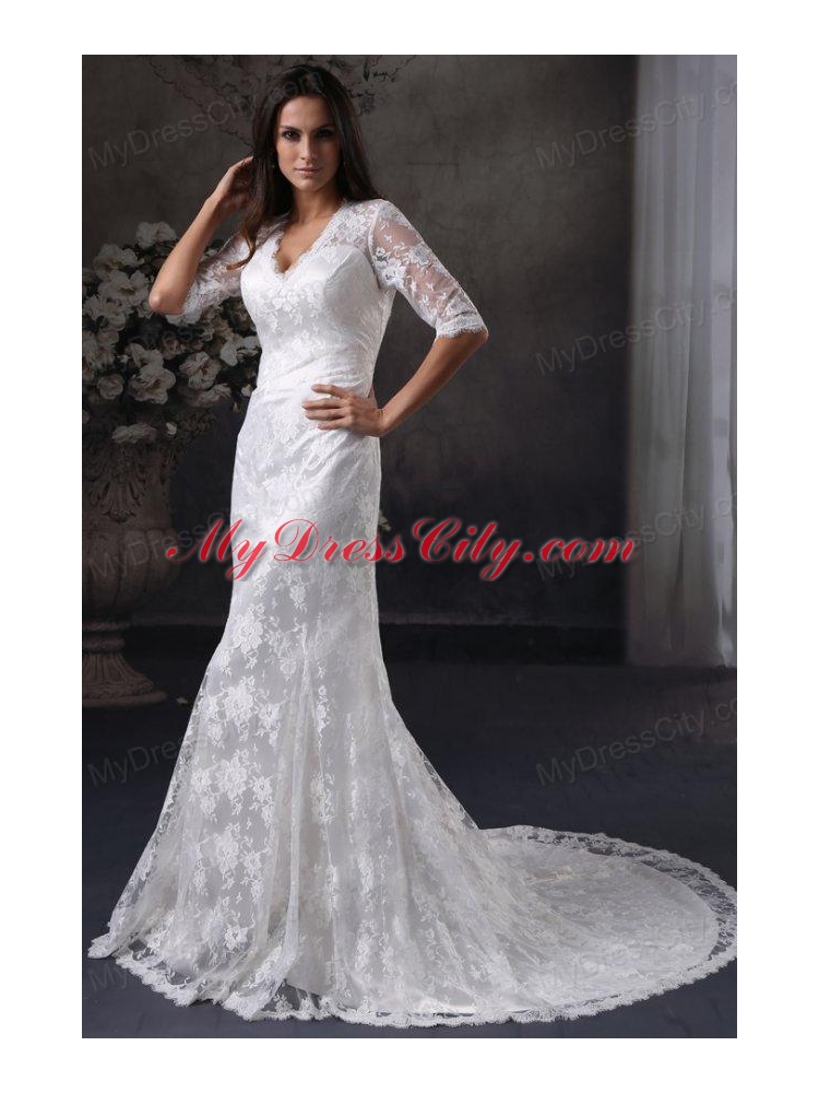 Column V-Neck Open Back Lace Wedding Dress with Court Train