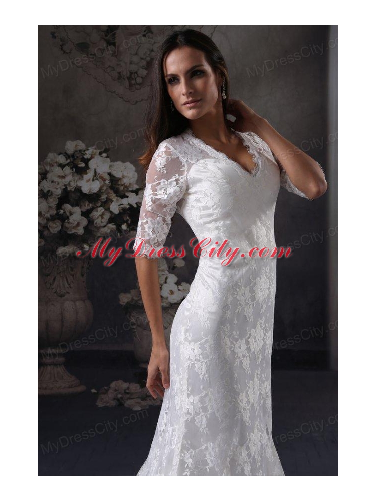 Column V-Neck Open Back Lace Wedding Dress with Court Train