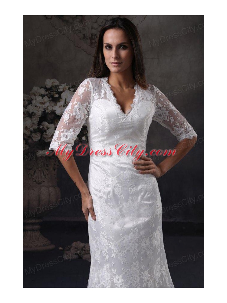 Column V-Neck Open Back Lace Wedding Dress with Court Train