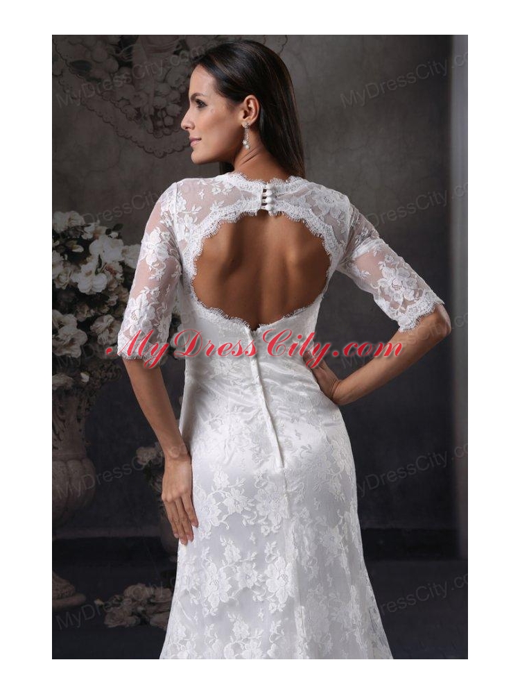 Column V-Neck Open Back Lace Wedding Dress with Court Train