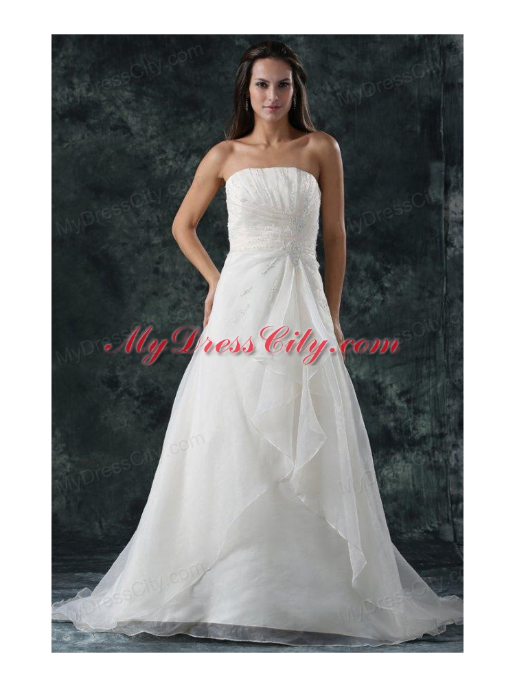 Elegant A-Line Ruching Organza Wedding Dress with Court Train