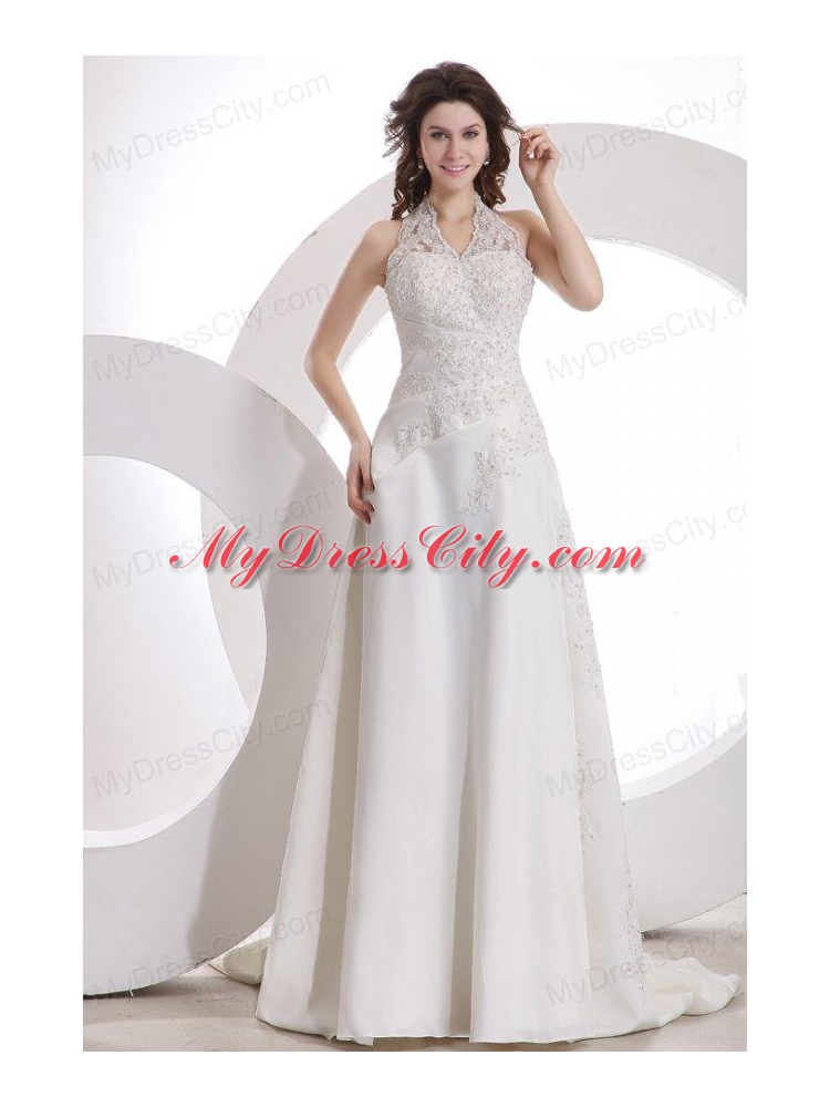 Halter Top Neck Empire Court Train Wedding Dress with Appliques