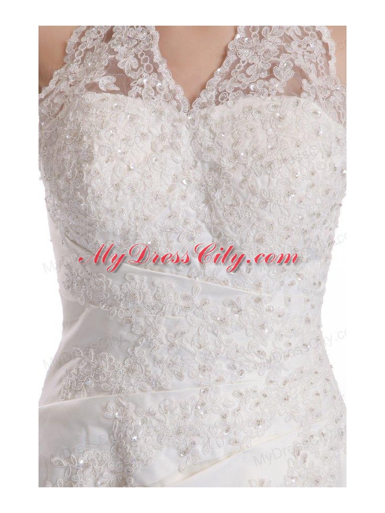 Halter Top Neck Empire Court Train Wedding Dress with Appliques