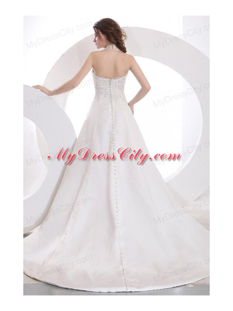 Halter Top Neck Empire Court Train Wedding Dress with Appliques