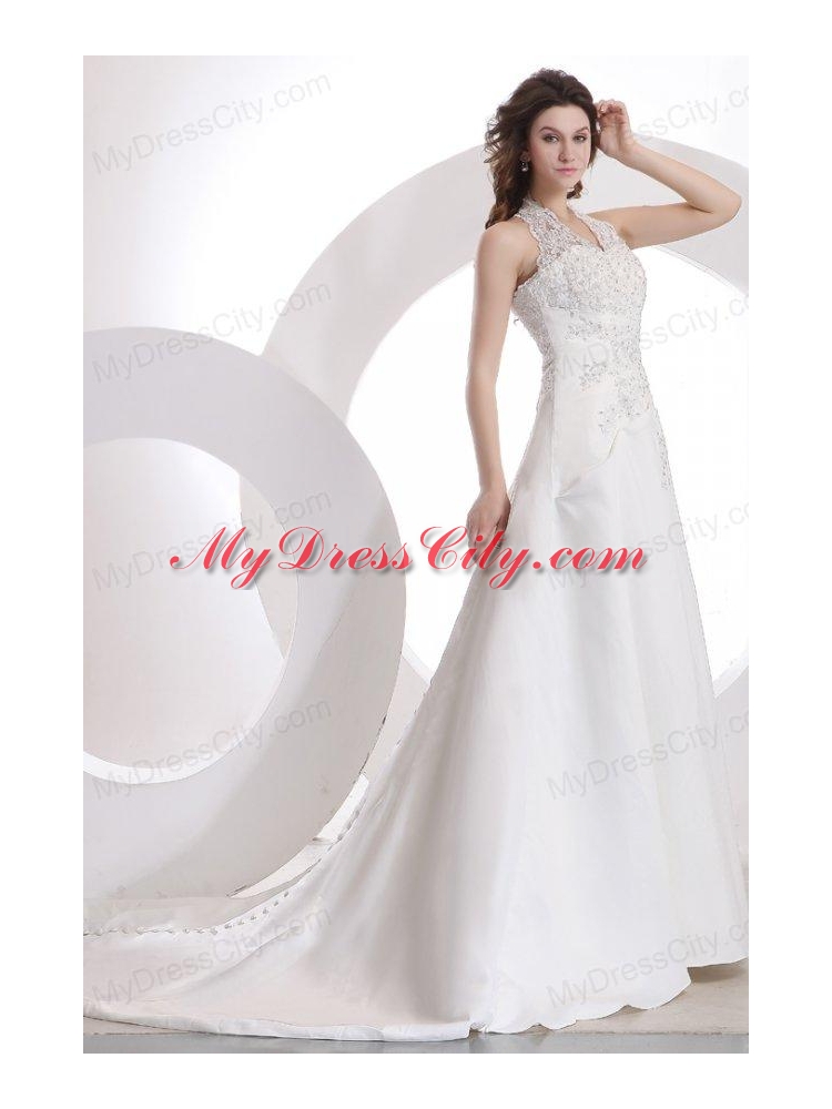 Halter Top Neck Empire Court Train Wedding Dress with Appliques