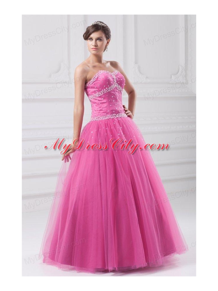 Hot Pink Sweetheart Beaded Decorate Tulle Quinceanera Dress