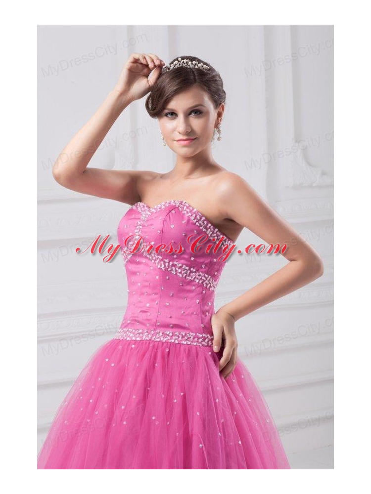 Hot Pink Sweetheart Beaded Decorate Tulle Quinceanera Dress