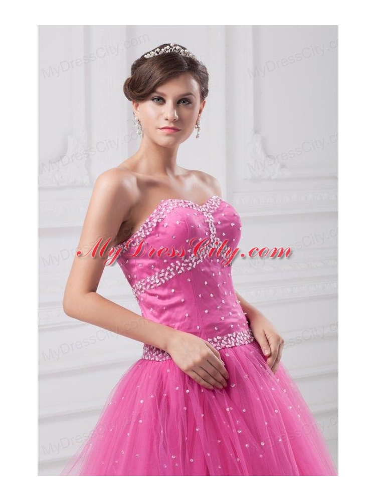 Hot Pink Sweetheart Beaded Decorate Tulle Quinceanera Dress