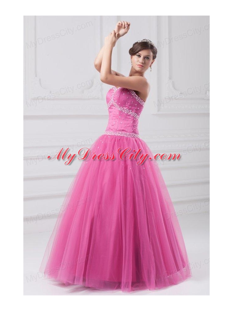 Hot Pink Sweetheart Beaded Decorate Tulle Quinceanera Dress