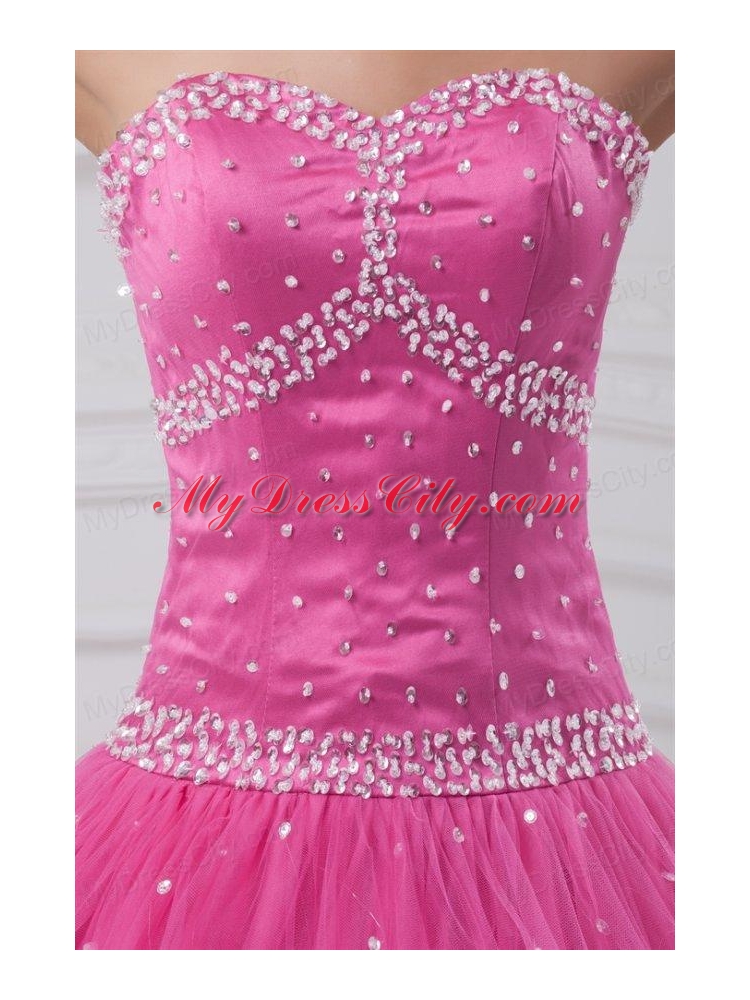 Hot Pink Sweetheart Beaded Decorate Tulle Quinceanera Dress