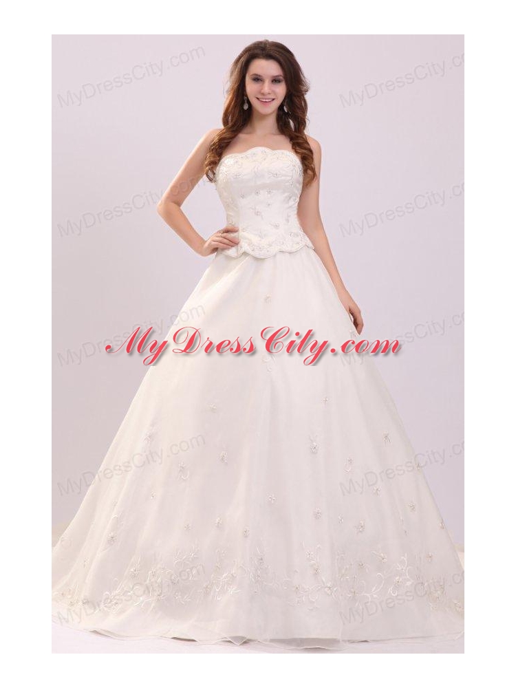 Luxurious Strapless A-line Embroidery Chapel Train Wedding Dress