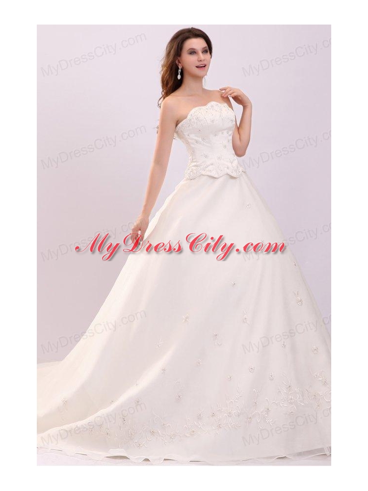 Luxurious Strapless A-line Embroidery Chapel Train Wedding Dress