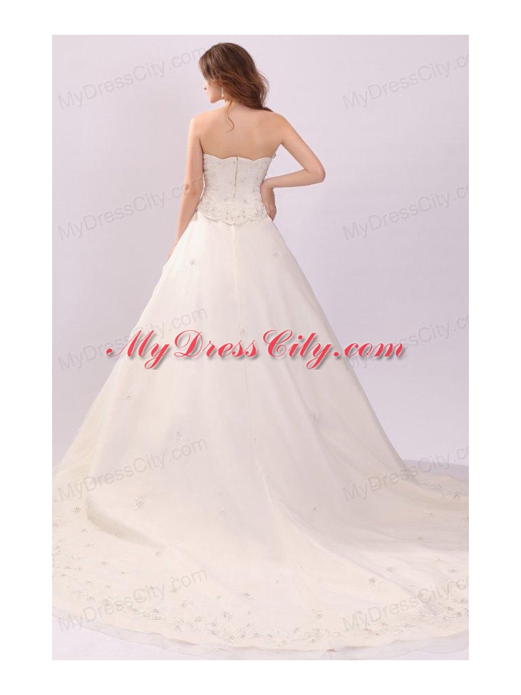 Luxurious Strapless A-line Embroidery Chapel Train Wedding Dress