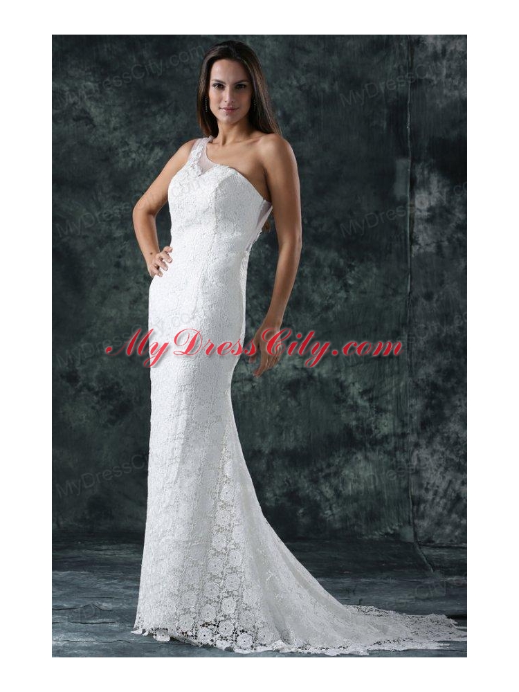 Mermaid Embroidery One Shoulder Lace Sweep Train Wedding Dress