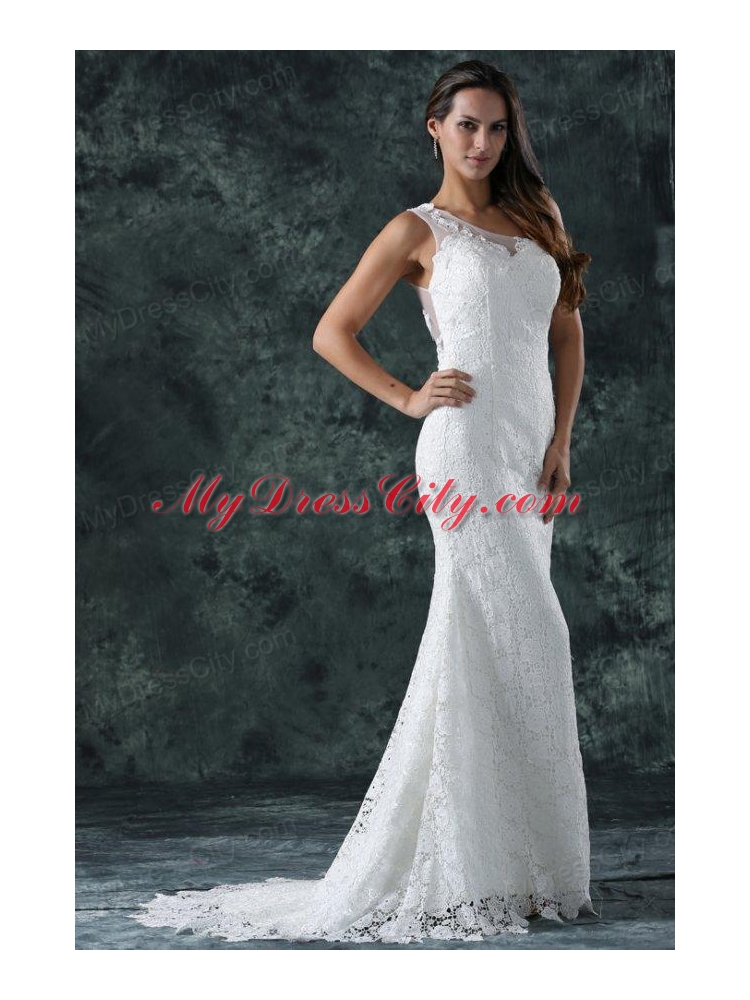 Mermaid Embroidery One Shoulder Lace Sweep Train Wedding Dress