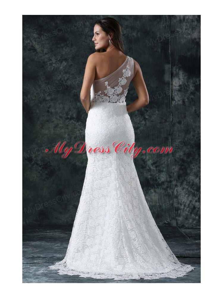 Mermaid Embroidery One Shoulder Lace Sweep Train Wedding Dress