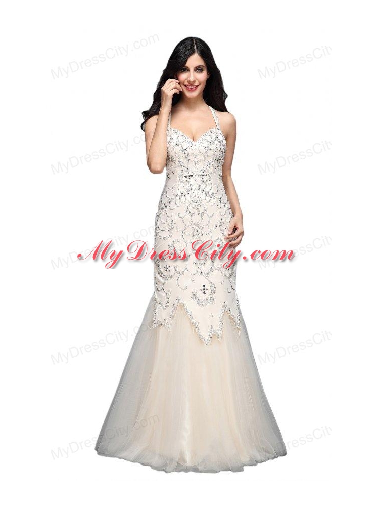 Mermaid  Halter Floor-length Tulle Criss Cross Wedding Dress