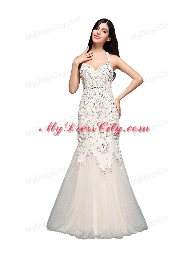 Mermaid  Halter Floor-length Tulle Criss Cross Wedding Dress