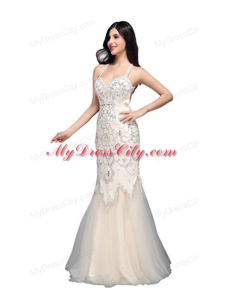 Mermaid  Halter Floor-length Tulle Criss Cross Wedding Dress