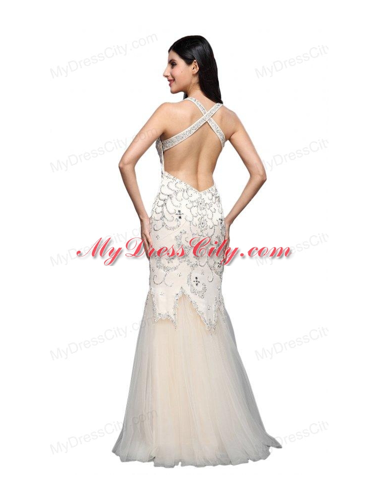 Mermaid  Halter Floor-length Tulle Criss Cross Wedding Dress