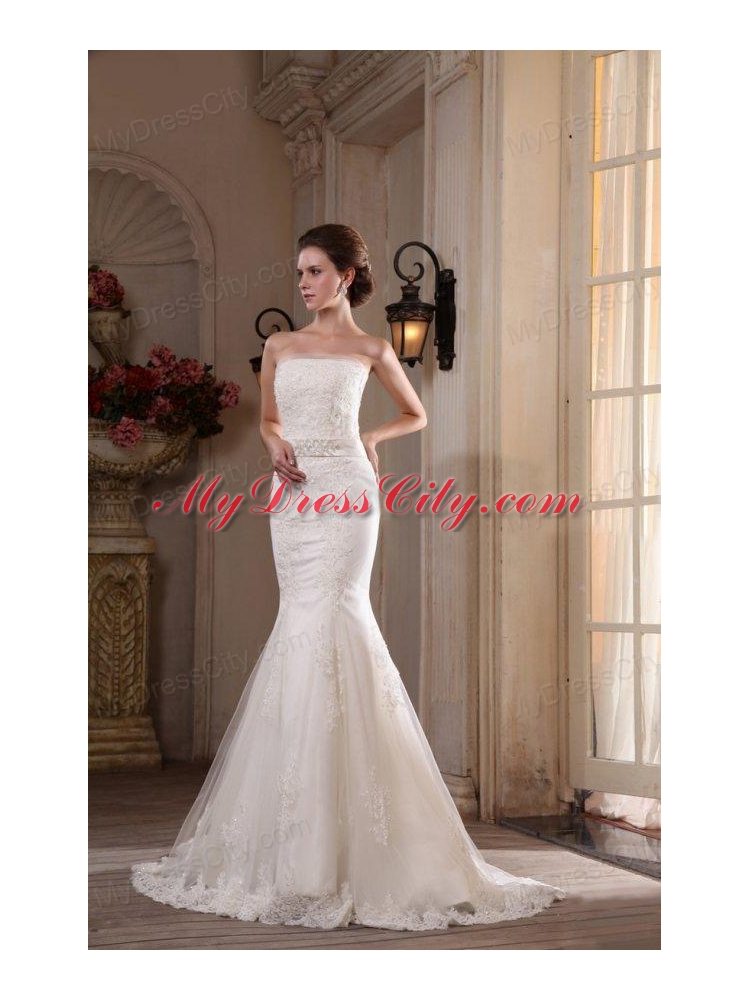 Mermaid Lace Strapless Brush Train Appliques Wedding Dress