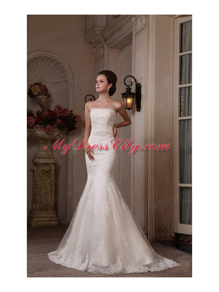 Mermaid Lace Strapless Brush Train Appliques Wedding Dress