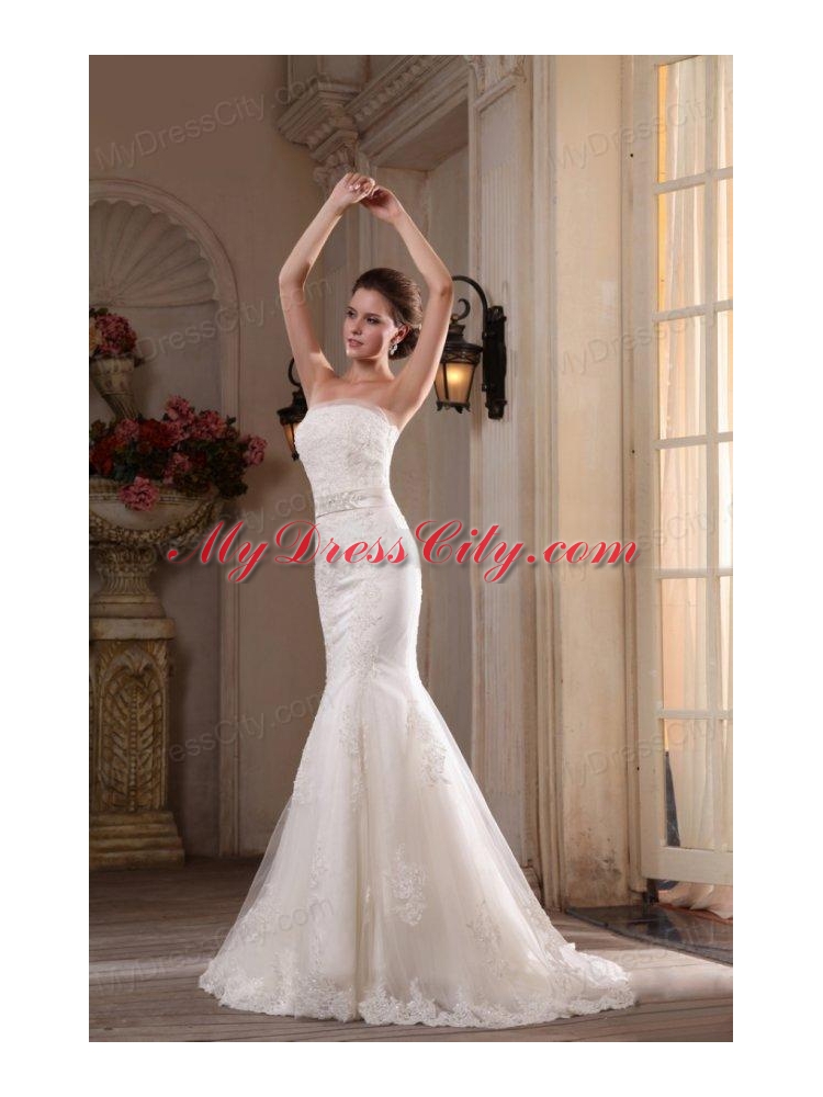 Mermaid Lace Strapless Brush Train Appliques Wedding Dress