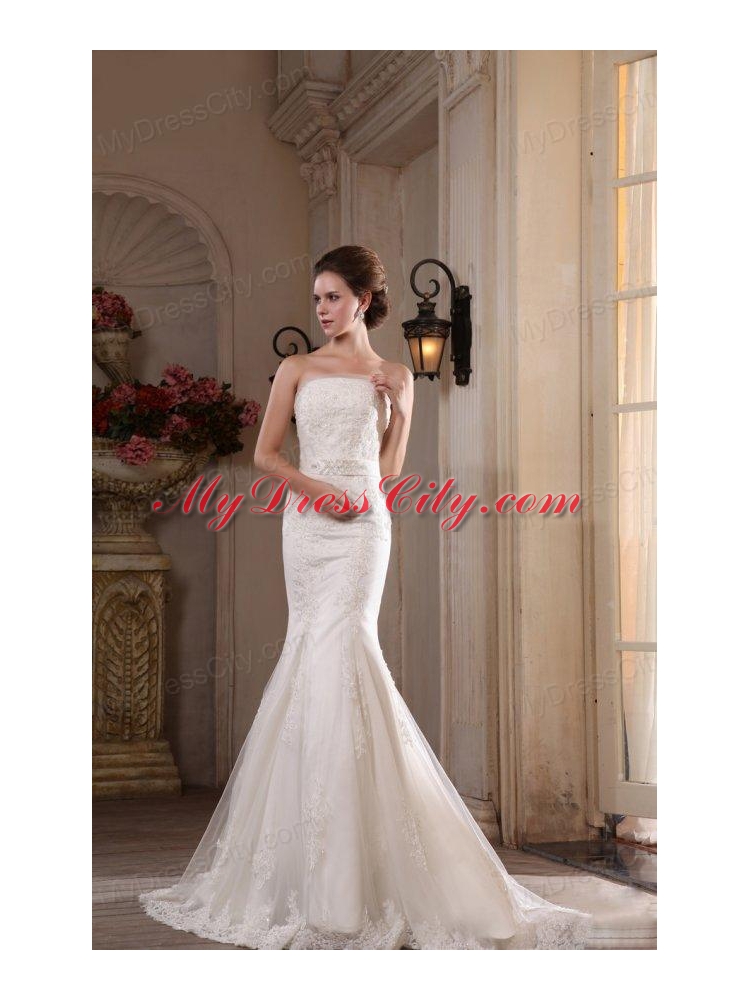 Mermaid Lace Strapless Brush Train Appliques Wedding Dress