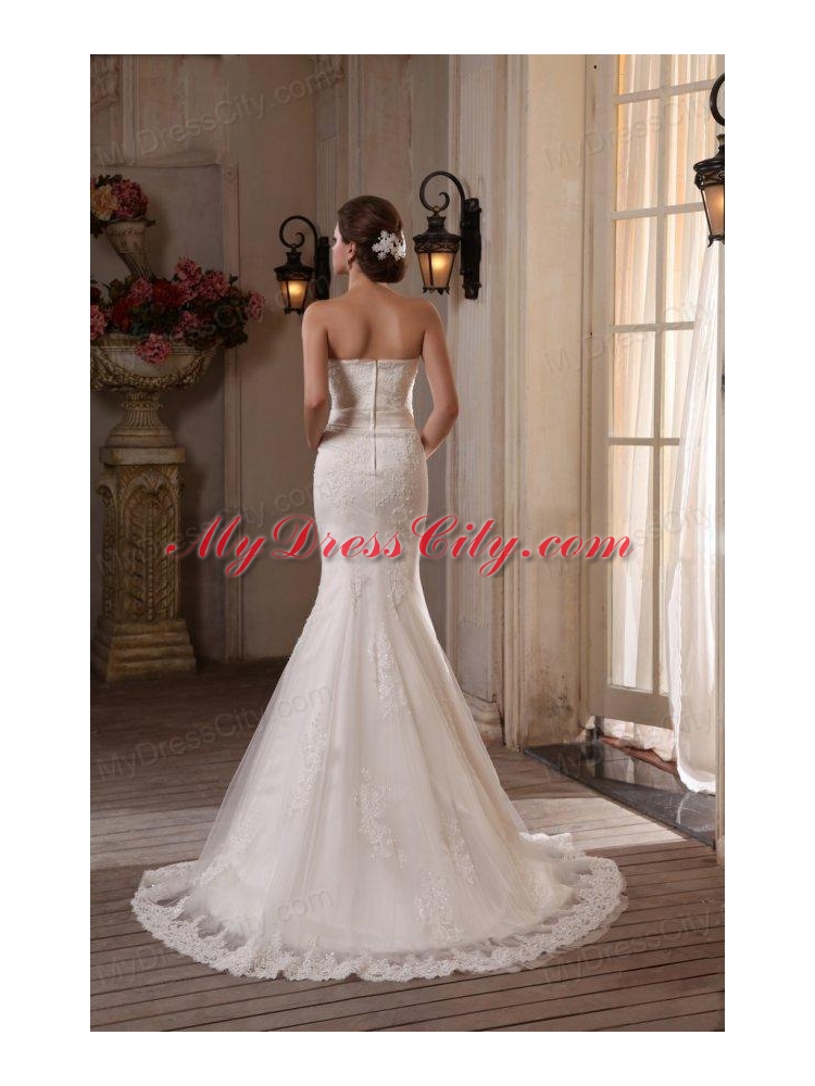 Mermaid Lace Strapless Brush Train Appliques Wedding Dress