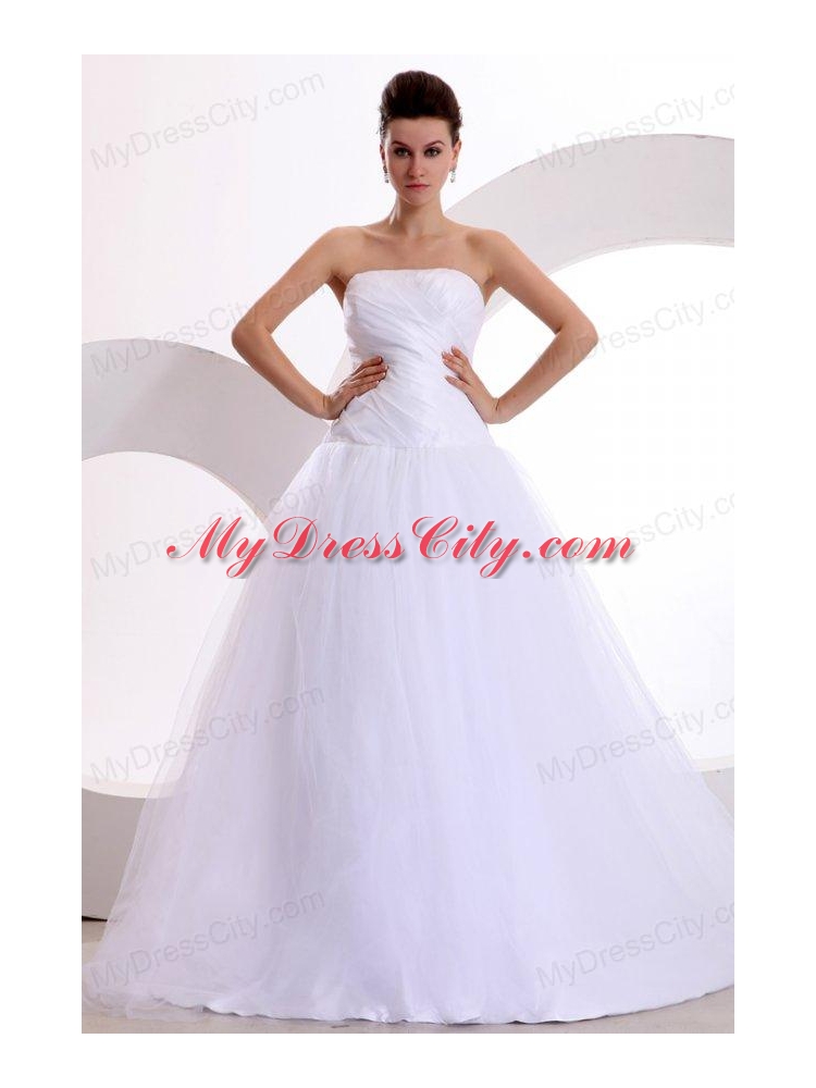 Princess Strapless Ruching Brush Train Tulle Wedding Dress