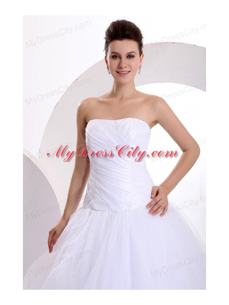 Princess Strapless Ruching Brush Train Tulle Wedding Dress