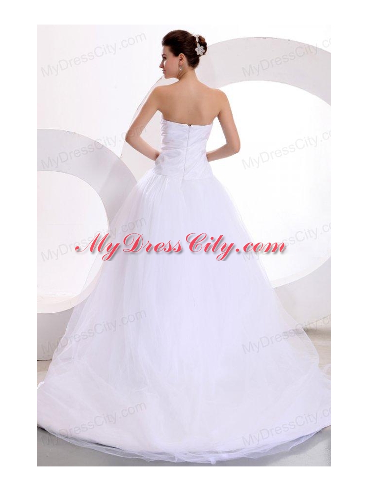 Princess Strapless Ruching Brush Train Tulle Wedding Dress