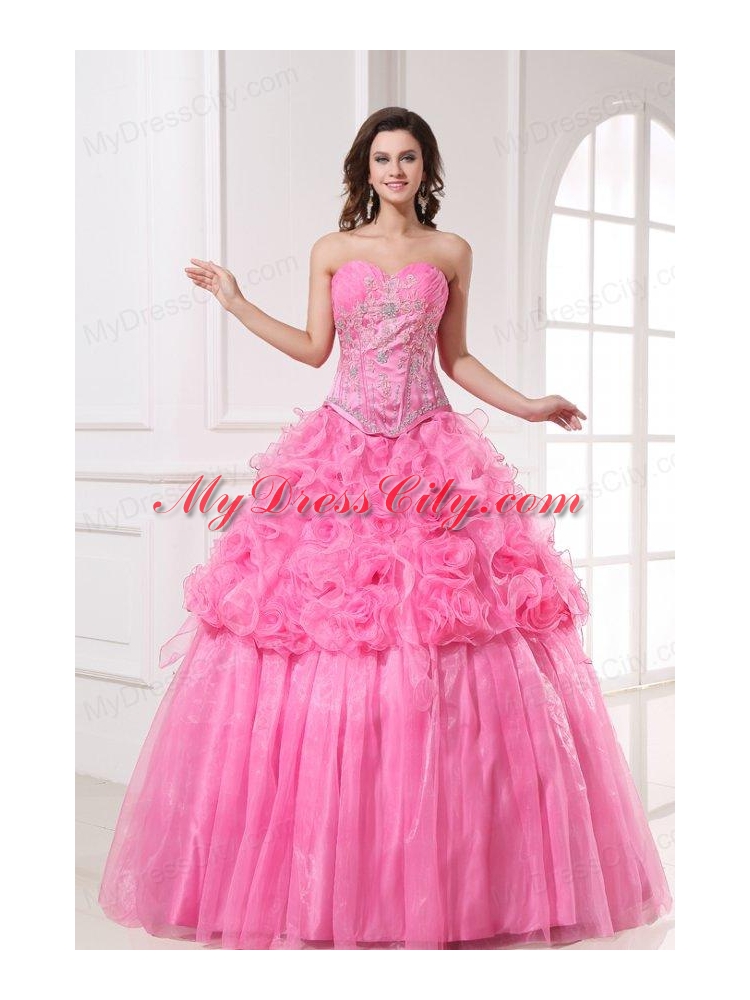 Rose Pink Sweetheart Appliques and Rolling Flowers Quinceanera Dress