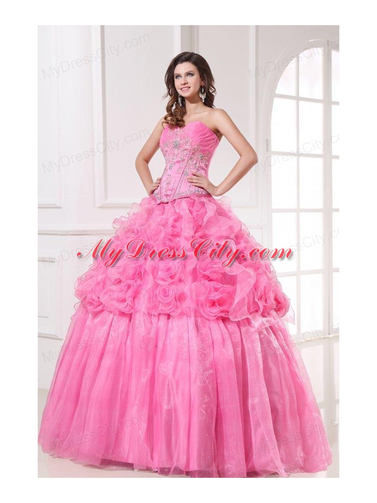 Rose Pink Sweetheart Appliques and Rolling Flowers Quinceanera Dress