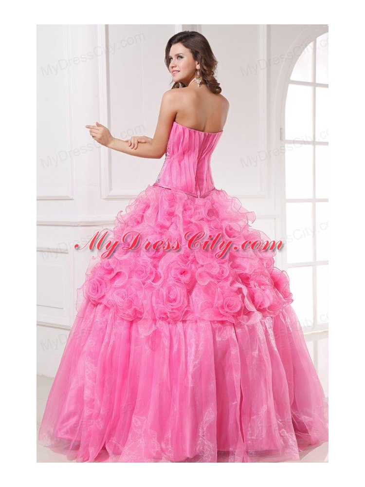 Rose Pink Sweetheart Appliques and Rolling Flowers Quinceanera Dress